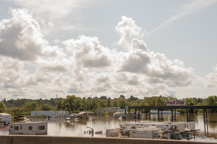 (Rachel Molenda  |  The Salt Lake Tribune)  A flooded truck stop along the eastbound lanes of Interstate 10 near Beaumont, Texas, on Tuesday, Sept. 5, 2017. The area was severely flooded by Hurricane Harvey more than one week ago.