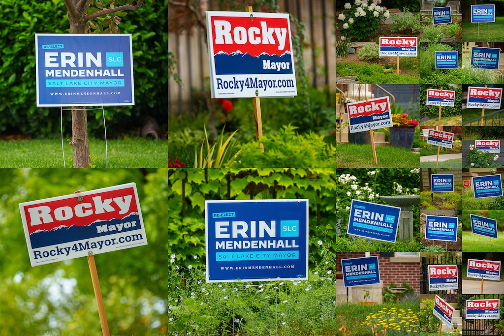 (Trent Nelson  |  The Salt Lake Tribune) Campaign signs for the Salt Lake City mayoral race have sprouted up all over city neighborhoods. Multiple signs are seen on Tuesday, June 6, 2023.