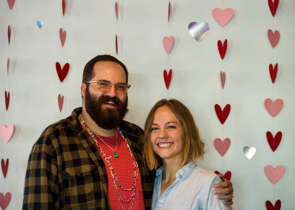 (Palak Jayswal | The Salt Lake Tribune) Parker Yates, left, owner of the record store Peasantries + Pleasantries, and Mandy Madsen, owner of Mad Dough at the grand opening of the new location on Feb. 2, 2022.
