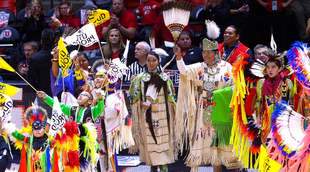 Leah Hogsten  |  The Salt Lake TribuneTo celebrate the Ute Proud campaign, a partnership between the Ute tribe and the University of Utah, and Native American Heritage Month, members of the Ute tribe filled the basketball court in dance during halftime of   the University of Utah and UC Riverside game, November 21, 2014, at the Jon M. Huntsman Center. 