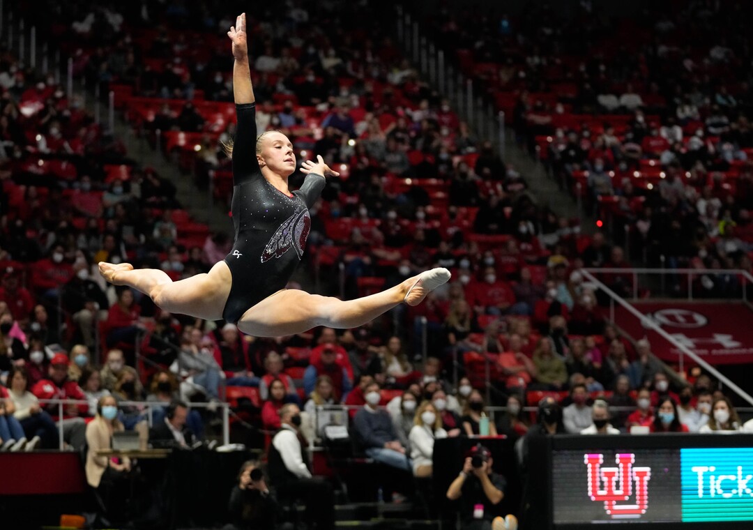 (Francisco Kjolseth | The Salt Lake Tribune) Utah’s Maile O’Keefe competes on the floor during their gymnastics meet with Stanford at the Huntsman Center in Salt Lake City, Saturday, Jan. 29, 2022.