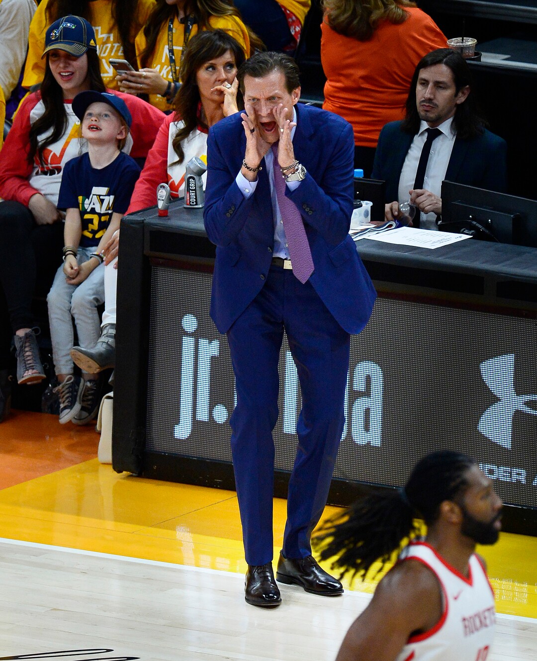 (Scott Sommerdorf | The Salt Lake Tribune)Utah Jazz head coach Quin Snyder yells to his team during a disastrous first half. The Houston Rockets led the Utah Jazz 70-40 at the half of game 3, Friday, May 4, 2018.