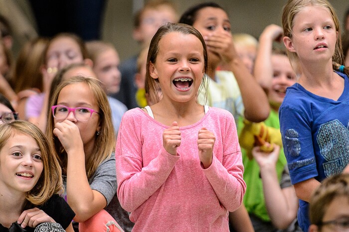 (Trent Nelson | The Salt Lake Tribune)  Students react to Utah Jazz center Rudy Gobert's entrance at Foxboro Elementary, a French immersion school, in North Salt Lake, Wednesday September 20, 2017.