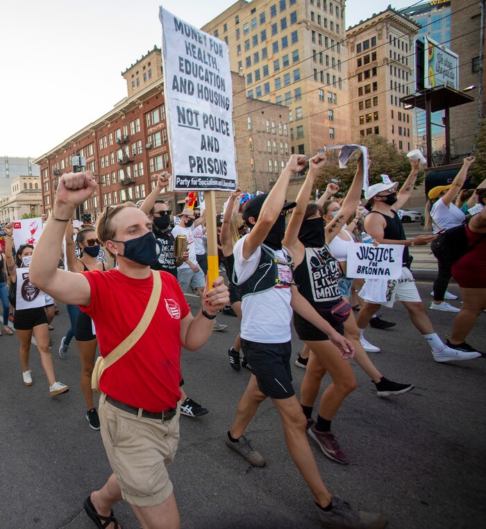 (Rick Egan  |  The Salt Lake Tribune)  Protesters  dance in downtown Salt Lake City, during the Dance Dance Revolution protest for racial equality, on Sunday, Aug. 9, 2020.