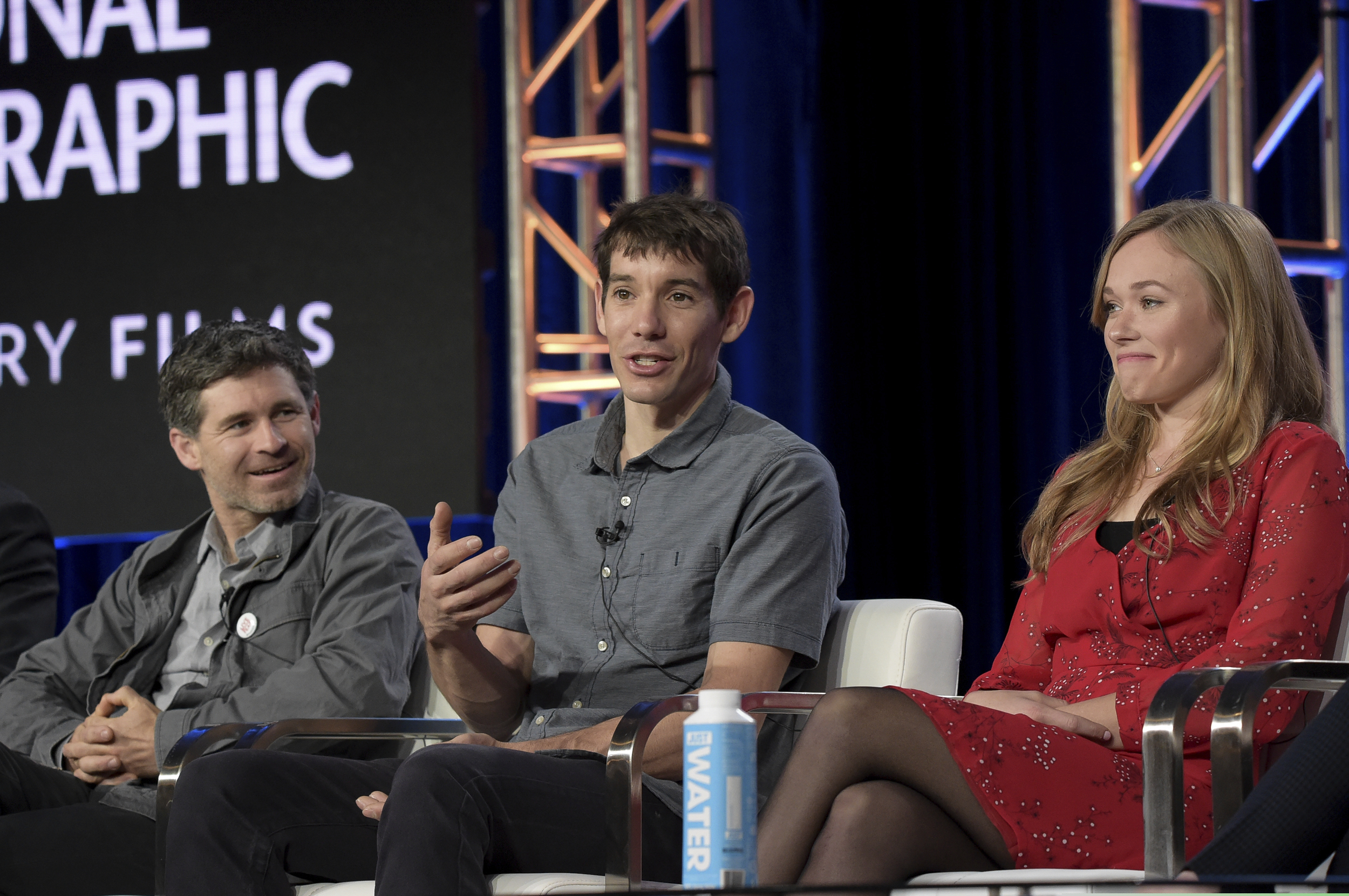 Mikey Schaefer, from left, Alex Honnold and Sanni McCandless participate in the "Free Solo" panel during the National Geographic portion of the TCA Winter Press Tour on Friday, Feb. 8, 2019, in Pasadena, Calif. (Photo by Richard Shotwell/Invision/AP)