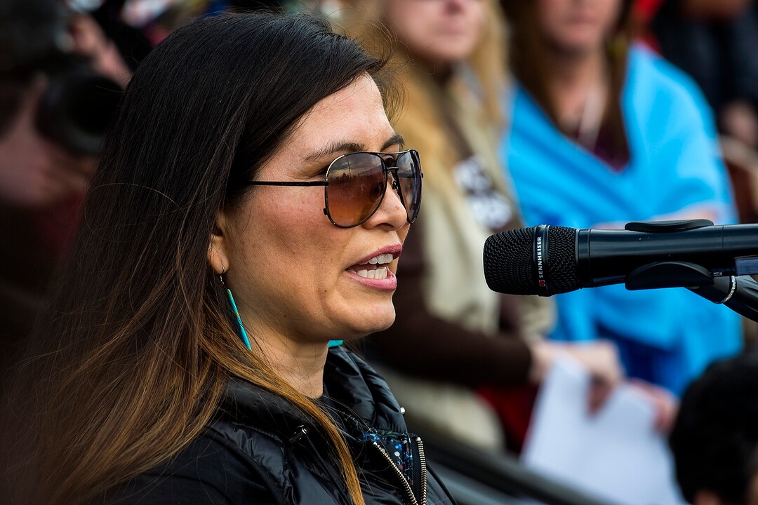 (Chris Detrick  |  The Salt Lake Tribune)  Navajo Nation Attorney General Ethel Branch speaks during a rally at the Utah State Capitol Saturday, December 2, 2017.  Utah Highway Patrol estimated 5,000 people attended the rally. 