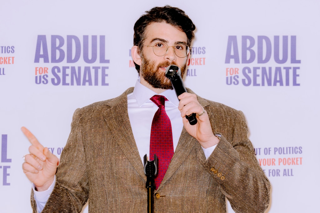 (Nic Antaya | The New York Times) Hasan Piker, a leftist influencer, speaks at a rally in support of Abdul El-Sayed's campaign for U.S. Senate in Ann Arbor, Michigan. The popular streamer praised a Latter-day Saint leader's denunciation of online betting.