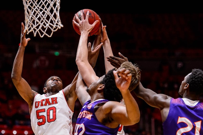 (Trent Nelson | The Salt Lake Tribune)  Utah Utes guard Christian Popoola (50) as the University of Utah hosts Northwestern State, NCAA basketball in Salt Lake City, Wednesday December 20, 2017.