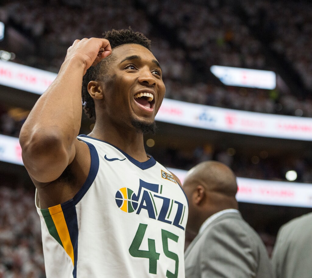 (Rick Egan  |  The Salt Lake Tribune)     Donovan Mitchell (45) reacts after pulling Utah Jazz forward Jae Crowder (99) out of a shoving match, in NBA action in game 4, NBA playoff action between Utah Jazz and Oklahoma City Thunder, in Salt Lake City, Monday April 23, 2018.