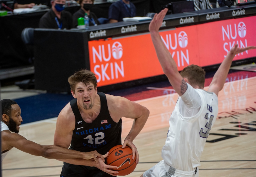 (Rick Egan | The Salt Lake Tribune) Brigham Young center Richard Harward (42), pictured in a game against Weber State at Vivint Arena on Dec. 23, scored 13 points and pulled down 11 rebounds off the bench in the Cougars' 72-63 victory over San Francisco on Saturday, Jan. 16, 2021.