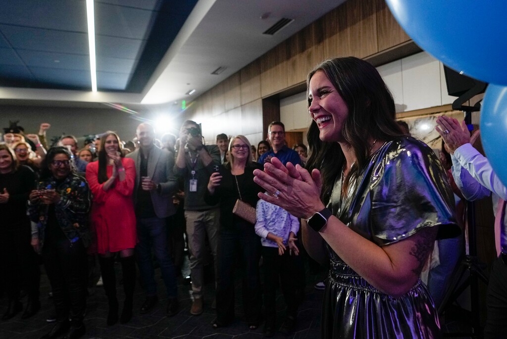 (Bethany Baker  |  The Salt Lake Tribune) Holding a big lead in early returns, Mayor Erin Mendenhall walks out to cheers at an election watch party in Salt Lake City on Tuesday, Nov. 21, 2023.