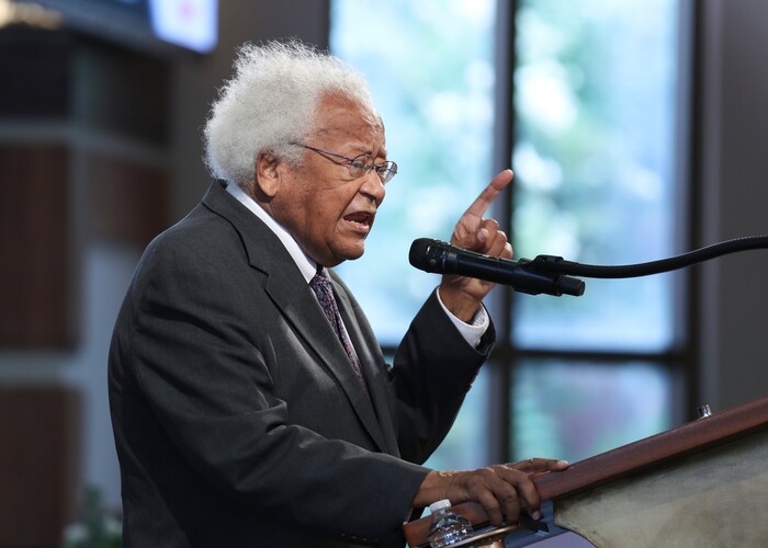 Rev. James Lawson speaks during the funeral service for the late Rep. John Lewis, D-Ga., at Ebenezer Baptist Church in Atlanta, Thursday, July 30, 2020.  (Alyssa Pointer/Atlanta Journal-Constitution via AP, Pool)
