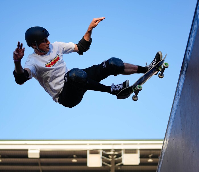 (Francisco Kjolseth | The Salt Lake Tribune) Iconic skateboarder Tony Hawk returns to the ramp to skate in public for the first, and possibly last, time since breaking his femur in March as he enters the “Legends Demo” at his Tony Hawk Vert Alert big-air skateboarding competition at the Utah Sate Fairpark on Friday, Aug. 26, 2022. 
