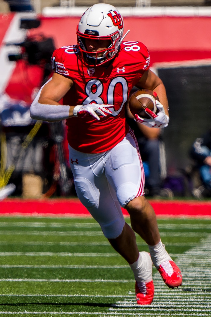 (Trent Nelson  |  The Salt Lake Tribune) Utah Utes tight end Brant Kuithe (80) as the University of Utah hosts Washington State, NCAA football in Salt Lake City on Saturday, Sept. 25, 2021.