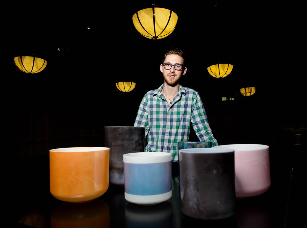 (Trent Nelson | The Salt Lake Tribune) Composer Christopher Bradford has written a piece featuring crystal singing bowls to be performed at Utah Chamber Artists' popular Collage concert Sept. 18 and 19 at the Cathedral of the Madeleine in Salt Lake City. Bradford was photographed at the University of Utah's Thompson Chamber Music Hall, Tuesday Sept. 12, 2017.