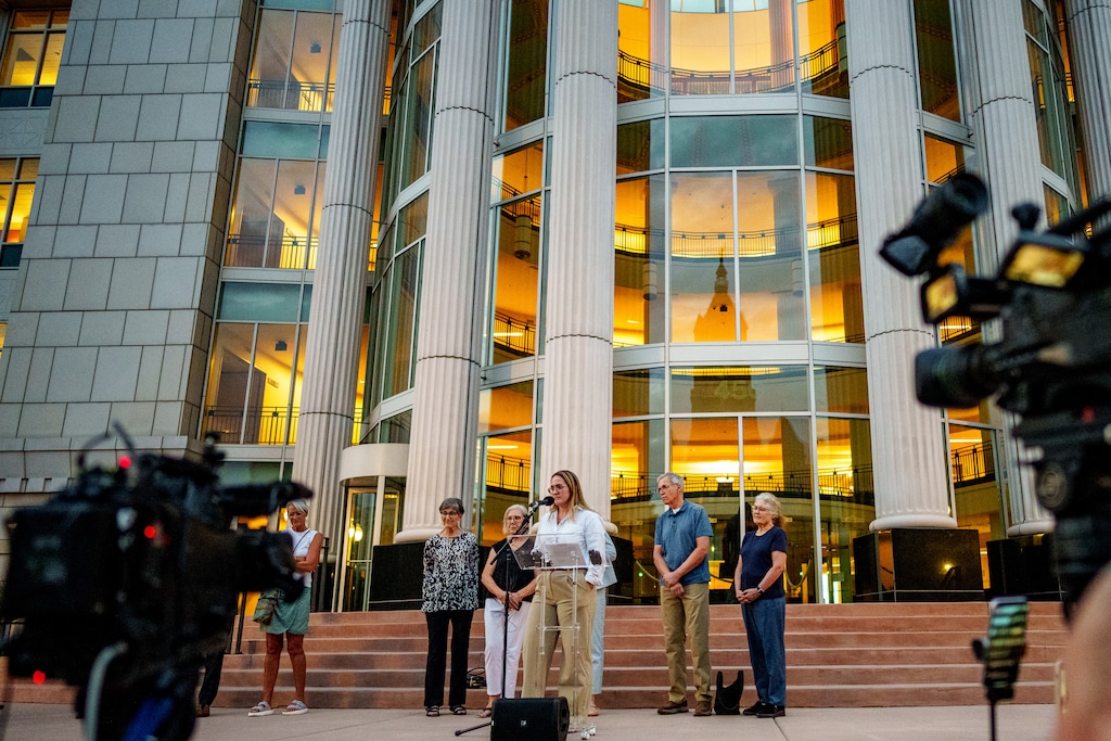 (Trent Nelson | The Salt Lake Tribune) Elizabeth Rasmussen of Better Boundaries speaks at a news conference in Salt Lake City on Monday, Aug. 25, 2025. A judge earlier ruled that the Legislature will have 30 days to adopt new maps that comply with the 2018 Better Boundaries initiative guidelines.