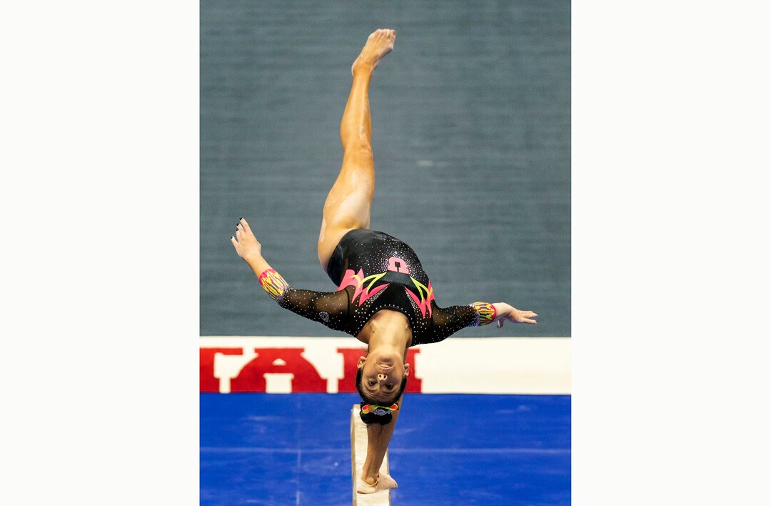 (Rick Egan | The Salt Lake Tribune)  Alexia Burch competes on the beam for Utah, in PAC-12 gymnastics action Utah vs Arizona, at the Huntsman Center on Saturday, Jan. 23, 2021.