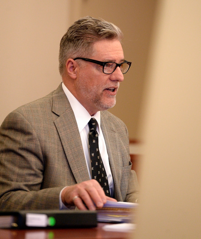 (Al Hartmann  |  The Salt Lake Tribune)       
Dr. Mark Cunningham, a clinical and forensic psychologist testifies in 3rd District Judge James Blanch's courtroom during a three-day sentencing hearing for Craig Crawford Monday August 28 in Salt Lake City.  Crawford has admitted that he trapped his 72-year-old estranged husband, well-known restaurateur John Williams, inside his home and then set it ablaze last year.
He pleaded guilty in June to first-degree felony counts of aggravated murder and aggravated arson.
The judge will decide whether Crawford will serve life in prison with or without the possibility of parole.