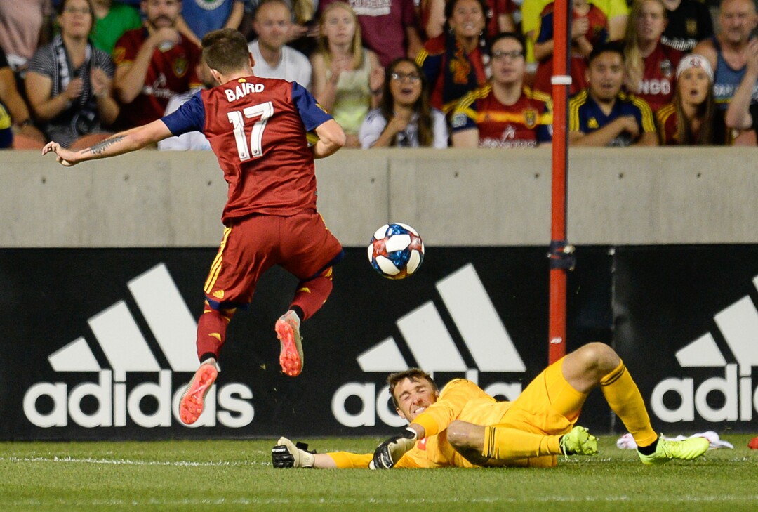 (Francisco Kjolseth  |  The Salt Lake Tribune)  Real Salt Lake forward Corey Baird (17) misses a chance on goal against Los Angeles FC goalkeeper Tyler Miller (1) as Real Salt Lake hosts Los Angeles FC at Rio Tinto Stadium in Sandy on Saturday, Aug. 17, 2019.
