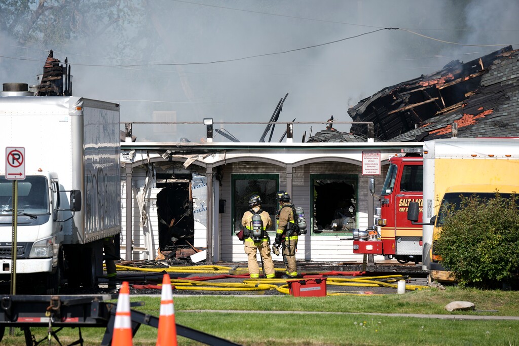 (Bethany Baker  |  The Salt Lake Tribune) Fire crews respond to a call at the La Rana Mexican Snack Factory, in the former site of the Golden Dragon restaurant, in Salt Lake City on Tuesday, April 29, 2025.