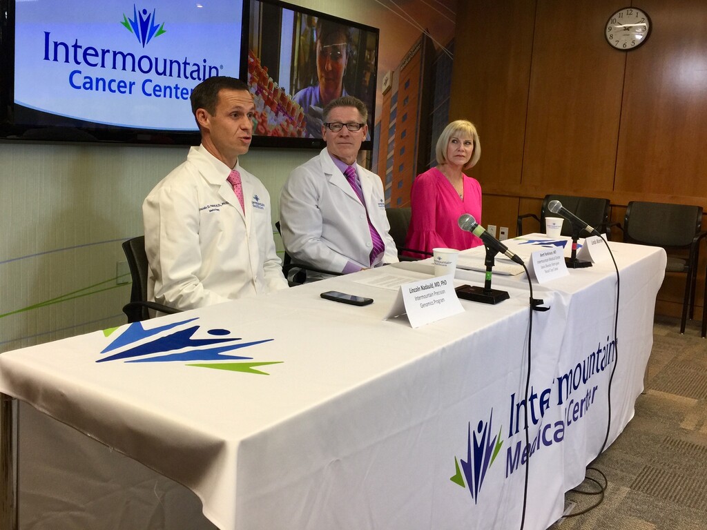 (Photo courtesy of Intermountain Healthcare) Utah-based Intermountain Healthcare announced on Monday it hoped to develop a blood test to detect breast cancer, in hopes of detecting the disease in patients earlier. Picture are (l-r) Lincoln Nadauld, executive director of the Intermountain Healthcare Precision Genomics Program; Brett Parkinson, imaging and medical director of the Intermountain Medical Center Breast Care Center; and Linda Warner, a breast cancer survivor.