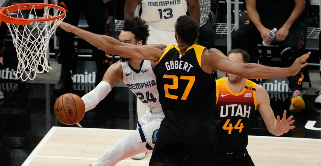(Francisco Kjolseth | The Salt Lake Tribune) Memphis Grizzlies forward Dillon Brooks (24) tries to get past the wingspan of Utah Jazz center Rudy Gobert (27) in the first half of Game 5 of an NBA basketball first-round playoff series Wednesday, June 2, 2021, in Salt Lake City, UT.