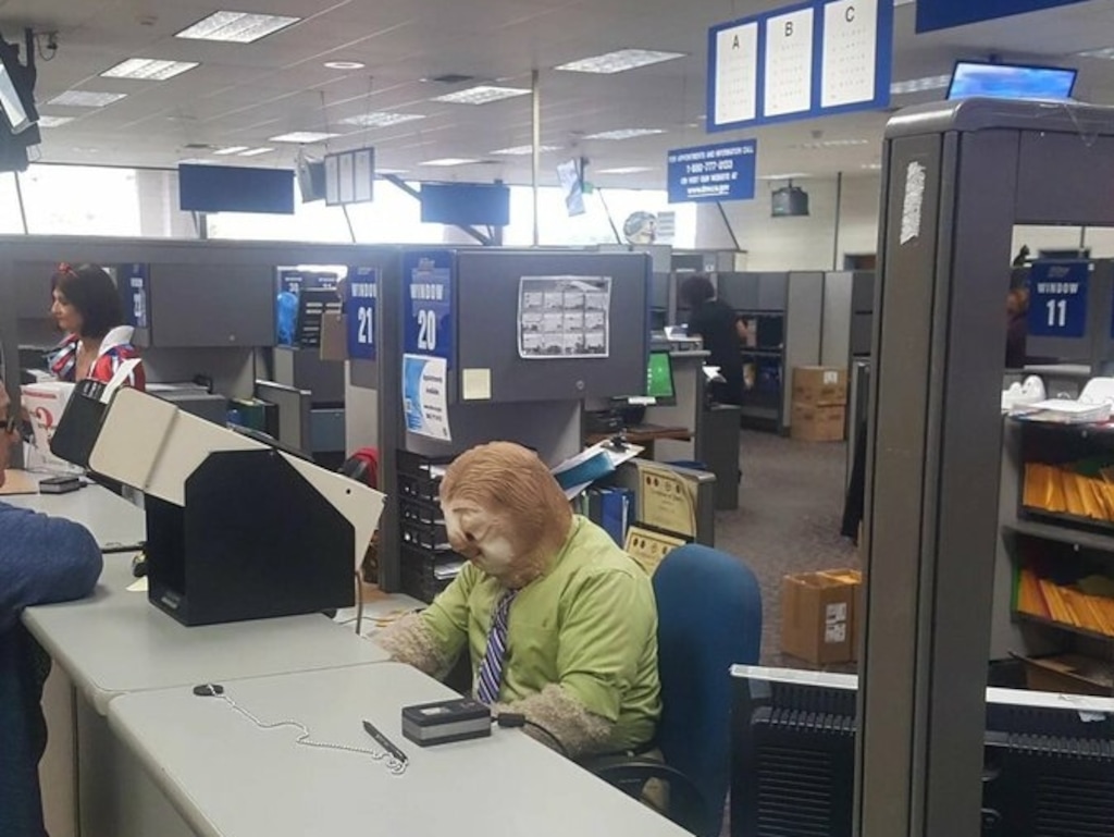 This photo of a DMV worker dressed as a sloth for Halloween was taken last year in southern California — but the photo was widely shared Wednesday with the incorrect caption that the photo was taken at a Utah DMV.