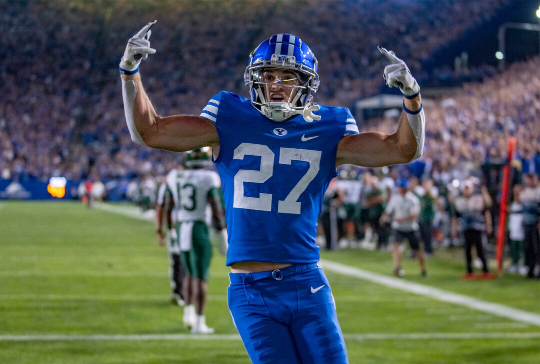 (Rick Egan | The Salt Lake Tribune)  Brigham Young wide receiver Chase Roberts (27) reacts after scoring a touchdown for the Cougars, in football action between the Brigham Young Cougars and the Baylor Bears at LaVell Edwards Stadium in Provo, on Saturday, Sept. 10, 2022.
