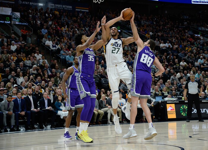 (Francisco Kjolseth  |  The Salt Lake Tribune)  Sacramento Kings forward Marvin Bagley III (35) and Sacramento Kings forward Nemanja Bjelica (88) pressure Utah Jazz center Rudy Gobert (27) as the Utah Jazz host the Sacramento Kings in their NBA game at Vivint Smart Home Arena Friday, April 5, 2019, in Salt Lake City.