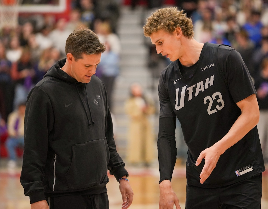 (Chris Samuels | The Salt Lake Tribune) Head coach Will Hardy, left, and forward Lauri Markkanen converse before a Utah Jazz intrasquad scrimmage at East High School in Salt Lake City, Monday, Oct. 6, 2025.