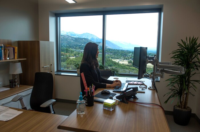 (Rick Egan  |  The Salt Lake Tribune)  Employees have a great view of the valley form the west patio at BioFire Diagnostic at Research Park. BioFire Diagnostic is one of the top performing companies in the Top Workplaces competition,Thursday, September 28, 2017.