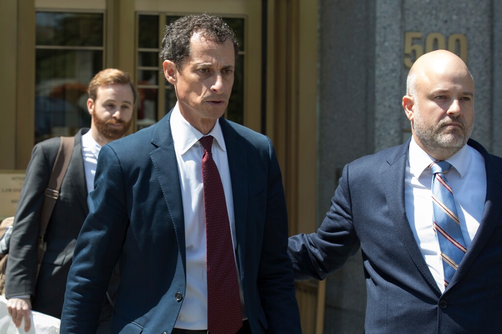 FILE - In a Friday, May 19, 2017 file photo, former U.S. Rep. Anthony Weiner leaves Federal court, in New York. Federal prosecutors says former Congressman Anthony Weiner should go to prison for about two years for engaging in sexting with a 15-year-old girl. Prosecutors filed papers in Manhattan federal court Wednesday, Sept. 20, 2017, urging a judge to send a message at sentencing Monday. (AP Photo/Mary Altaffer, File)
