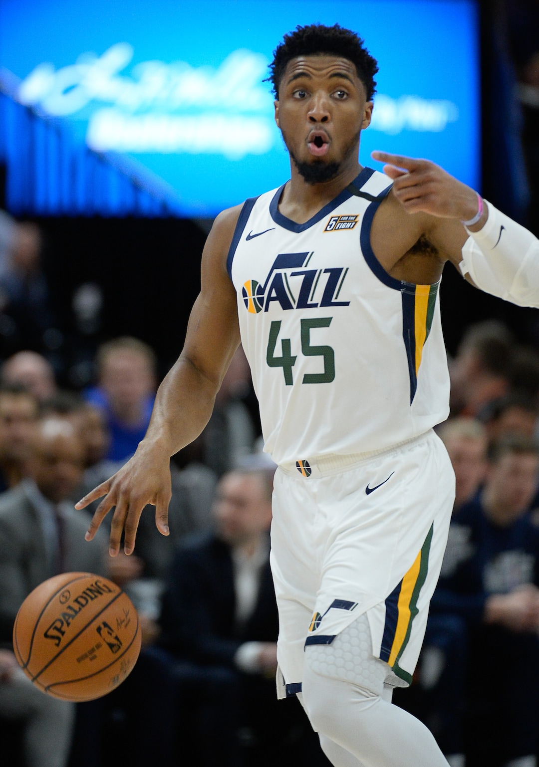 (Francisco Kjolseth  |  The Salt Lake Tribune) Utah Jazz guard Donovan Mitchell (45) gets the attention on his teammates as the Utah Jazz host the Denver Nuggets in their NBA basketball game at Vivint Smart Home Arena in Salt Lake City on Wednesday, Feb. 5, 2020.