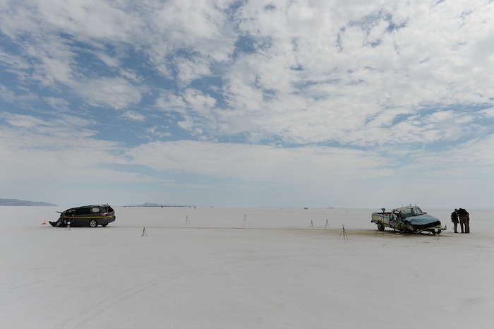(Francisco Kjolseth | The Salt Lake Tribune) Utah's Bonneville Salt Flats turned deadly on the sidelines of Speed Week following a head-on collision between two vehicles carrying support crew traveling between the pits and the entrance to the salt along the access road on Wednesday, Aug. 16, 2017. One person was killed and five injured, all of whom were said to be members of support crews for racing drivers.