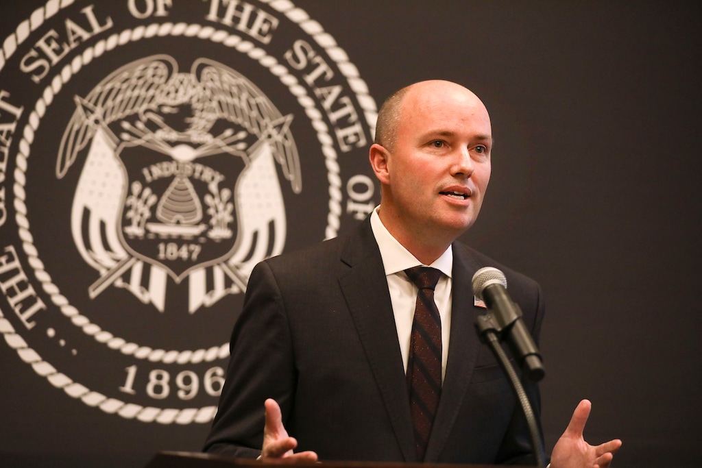 (Laura Seitz | Deseret News, pool) Gov. Spencer J. Cox provides updates on the ongoing pandemic during the weekly briefing at the Capitol on in May 2021.