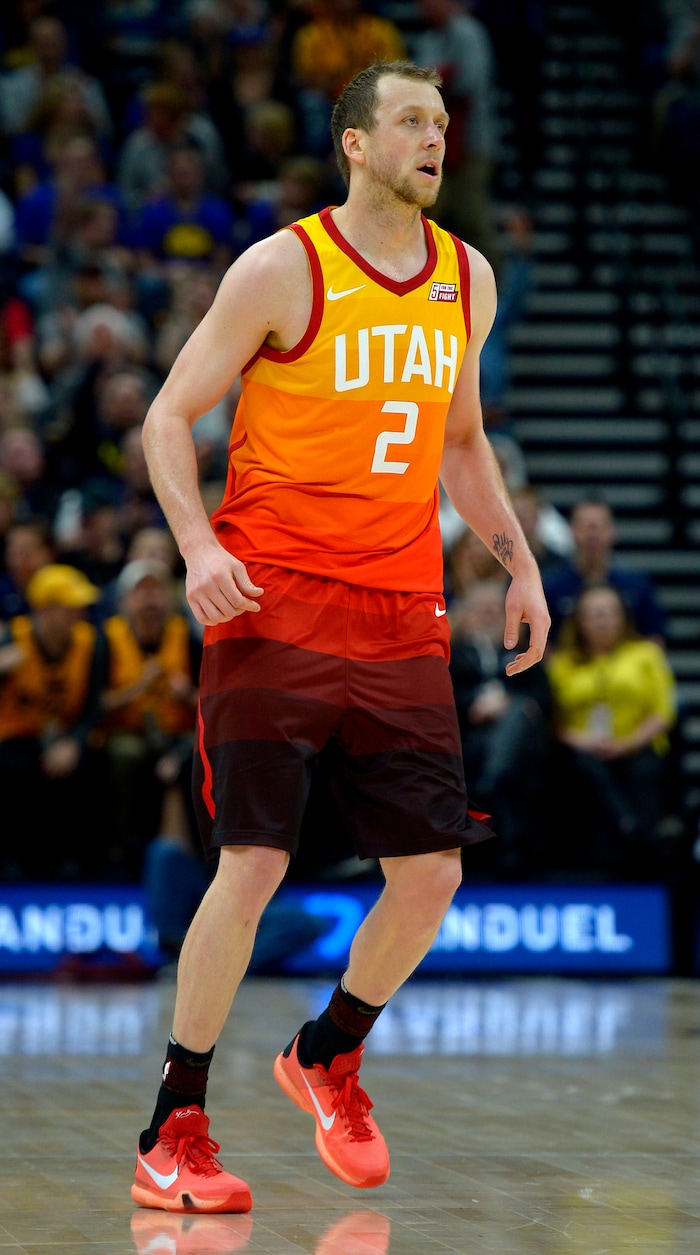 (Steve Griffin  |  The Salt Lake Tribune) dUtah Jazz forward Joe Ingles (2) back pedals after nailing a three pointer uring the Utah Jazz versus Golden State Warriors at Vivint Smart Home Arena in Salt Lake City Tuesday January 30, 2018.