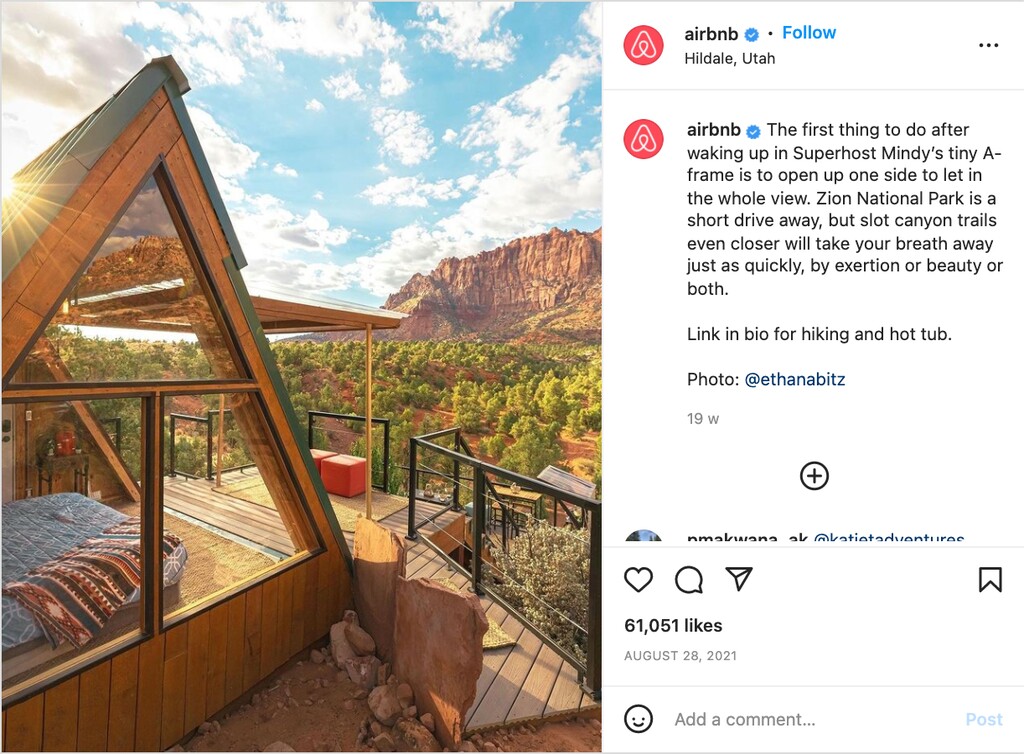 (Provided by Airbnb) The most-liked home in 2021 on Airbnb's Instagram page is the Zion EcoCabin in Hildale, Utah. This elevated A-frame cabin is entirely open on one side so residents can more fully appreciate the view of nearby Zion National Park.