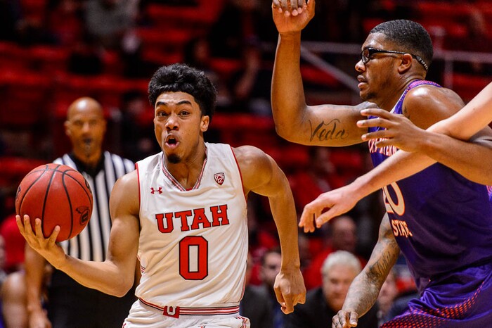 (Trent Nelson | The Salt Lake Tribune)  Utah Utes guard Sedrick Barefield (0) as the University of Utah hosts Northwestern State, NCAA basketball in Salt Lake City, Wednesday December 20, 2017.