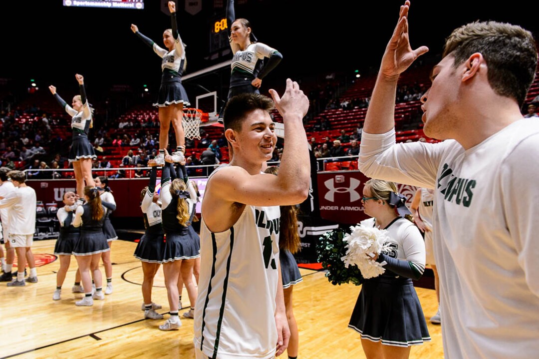 (Trent Nelson | The Salt Lake Tribune)  Viewmont vs. Olympus, 5A State high school basketball tournament at the Huntsman Center in Salt Lake City, Wednesday Feb. 28, 2018. Olympus's Rylan Jones (15).