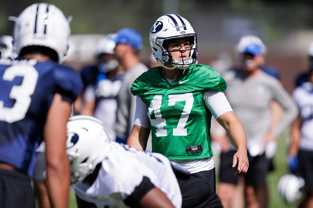 (Jaren Wilkey | BYU) Cougars quarterback Bear Bachmeier during fall camp in Provo, Aug. 2, 2025.
