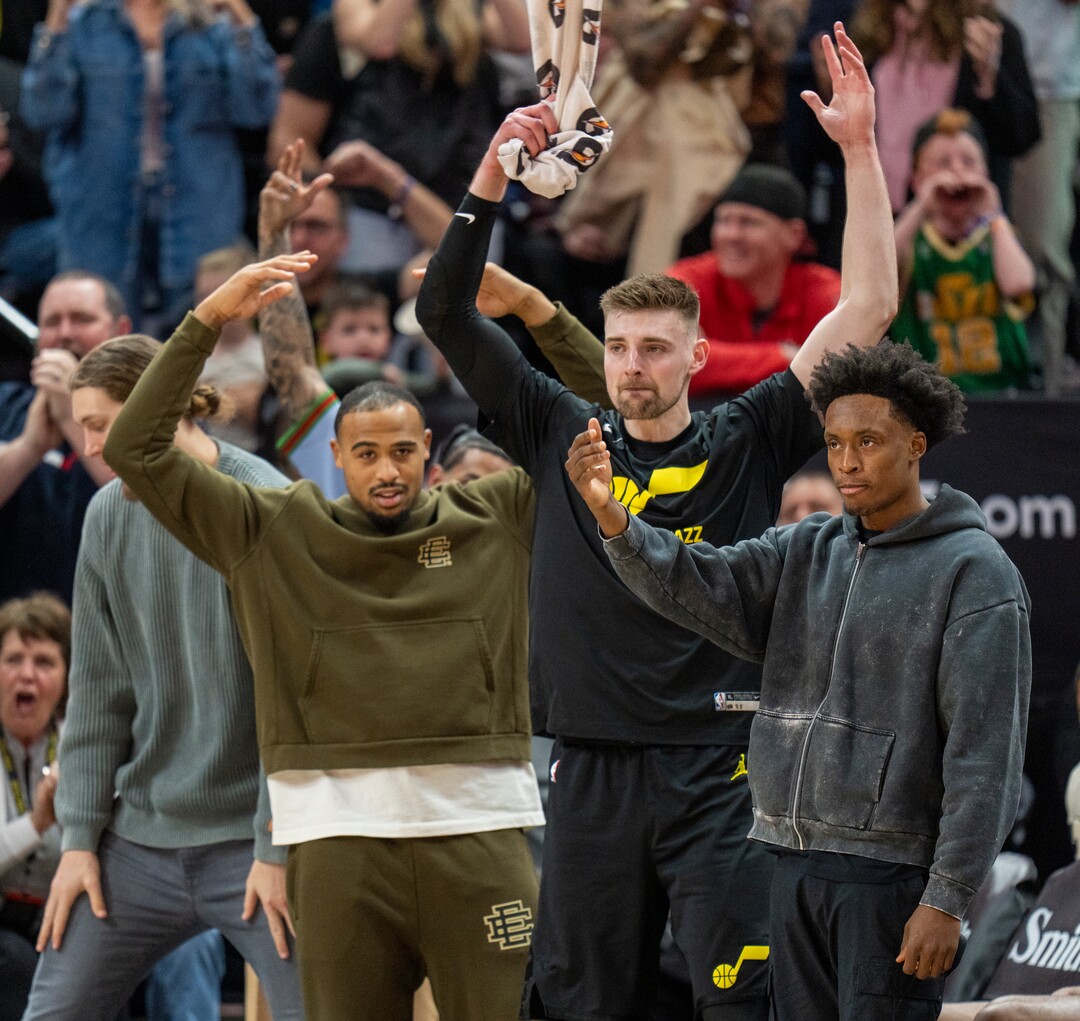 (Rick Egan | The Salt Lake Tribune) in The Jazz bench try to get the crowd on their feet as the Jazz take the lead in the final minutes of the game, in NBA action between the Utah Jazz and the Denver Nuggets at Vivint Arena,  Saturday, April 8, 2023.