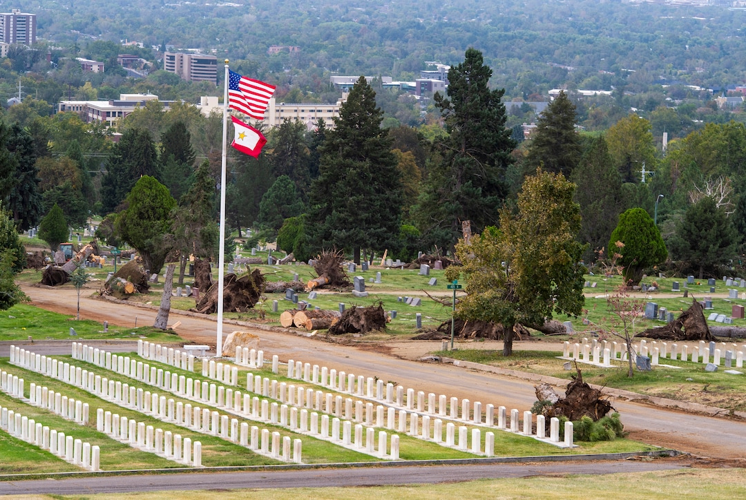 (Rick Egan  |  The Salt Lake Tribune)    Hundreds of headstones in the Salt Lake City Cemetery were damages in the recent wind storm, Friday, Sept. 18, 2020.