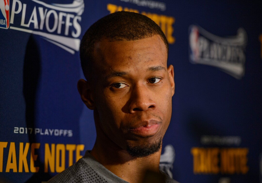 Steve Griffin  |  The Salt Lake TribuneUtah Jazz guard Rodney Hood (5) talks to reporters during the Utah Jazz media availability at the Four Seasons in San Francisco Wednesday May 3, 2017.