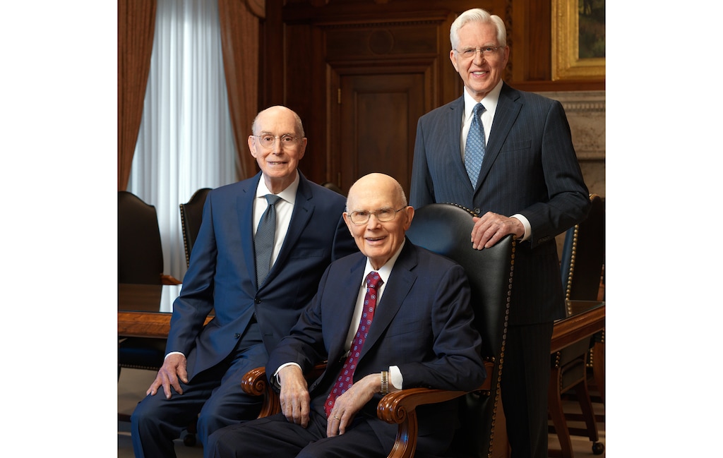 (The Church of Jesus Christ of Latter-day Saints) The First Presidency: Henry B. Eyring, left, Dallin H. Oaks, center, and D. Todd Christofferson, in their first official portrait.
