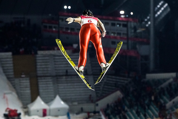 (Chris Detrick  |  The Salt Lake Tribune)  USA's Abby Ringquist competes in the Ladies' Normal Hill Individual at the Alpensia Ski Jumping during the Pyeongchang 2018 Winter Olympics Monday, February 12, 2018.  Ringquist finished in 29th place with a total of 144.4.