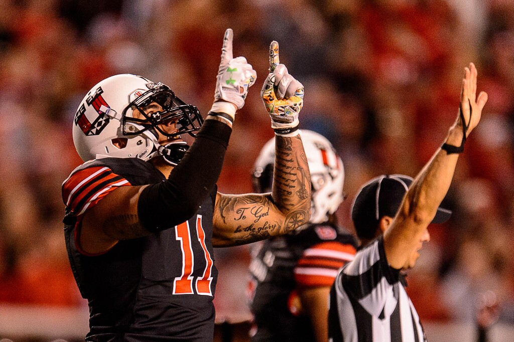 (Trent Nelson | The Salt Lake Tribune) Utah Utes defensive end Kylie Fitts (11) celebrates a sack of San Jose State Spartans quarterback Montel Aaron (7) as the Utah Utes host the San Jose State Spartans, NCAA football at Rice-Eccles Stadium in Salt Lake City, Saturday, Sept. 16, 2017.