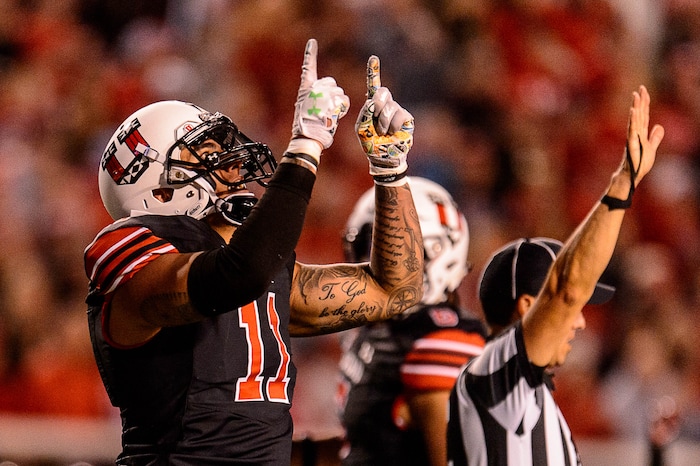 (Trent Nelson | The Salt Lake Tribune) Utah Utes defensive end Kylie Fitts (11) celebrates a sack of San Jose State Spartans quarterback Montel Aaron (7) as the Utah Utes host the San Jose State Spartans, NCAA football at Rice-Eccles Stadium in Salt Lake City, Saturday September 16, 2017.