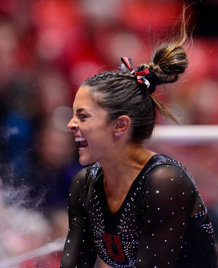 (Trent Nelson  |  The Salt Lake Tribune) Emilie Leblanc on the bars as the University of Utah hosts Arizona State, NCAA gymnastics in Salt Lake City on Friday, Jan. 24, 2020.