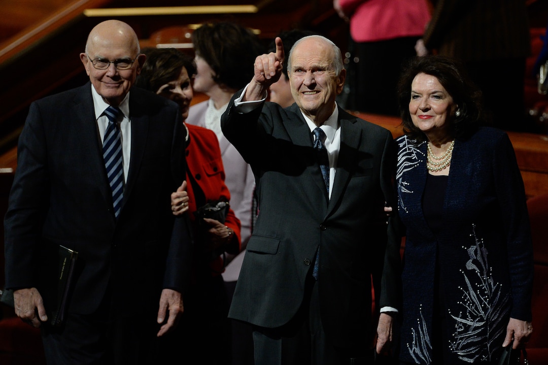 (Francisco Kjolseth  |  The Salt Lake Tribune)  President Russell M. Nelson acknowledges the crowd as he and his wife, Wendy Nelson, exit at the conclusion of the 189th twice-annual General Conference of The Church of Jesus Christ of Latter-day Saints at the Conference Center in Salt Lake City on Sunday, Oct. 6, 2019. At left is President Dallin H. Oaks, first counselor in the First Presidency of The Church of Jesus Christ of Latter-day Saints.