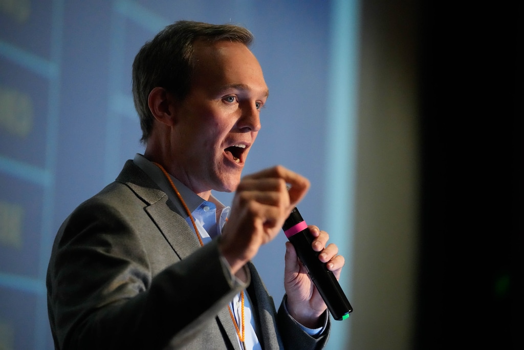 (Francisco Kjolseth | The Salt Lake Tribune) Ben McAdams, running for Utah’s newly drawn 1st Congressional District, speaks during the Salt Lake County Democratic Party's convention at Highland High School on Saturday, April 11, 2026. 